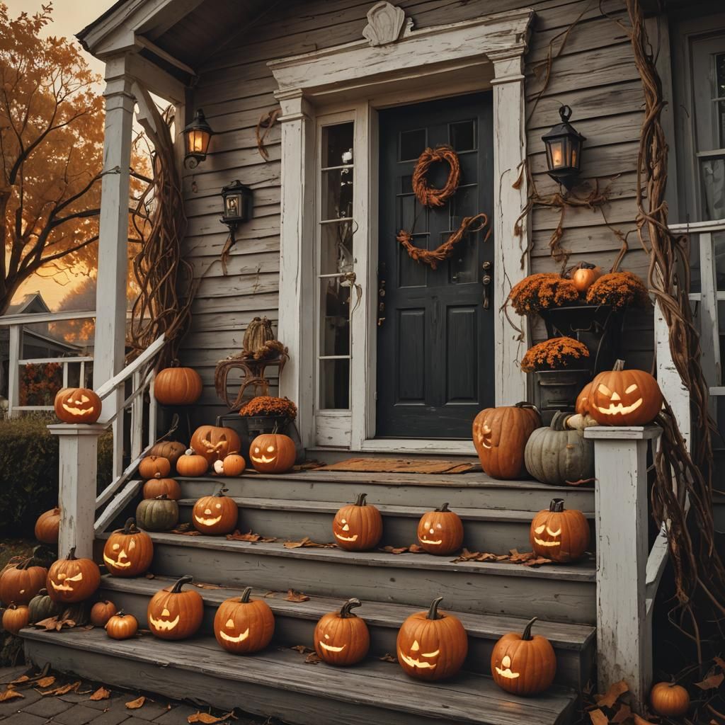 Eerie Halloween Farmhouse Porch in Rustic Oil Painting Style