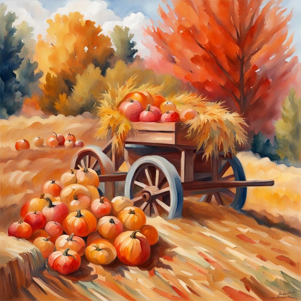 Fall Harvest in Gouache Watercolor Style
