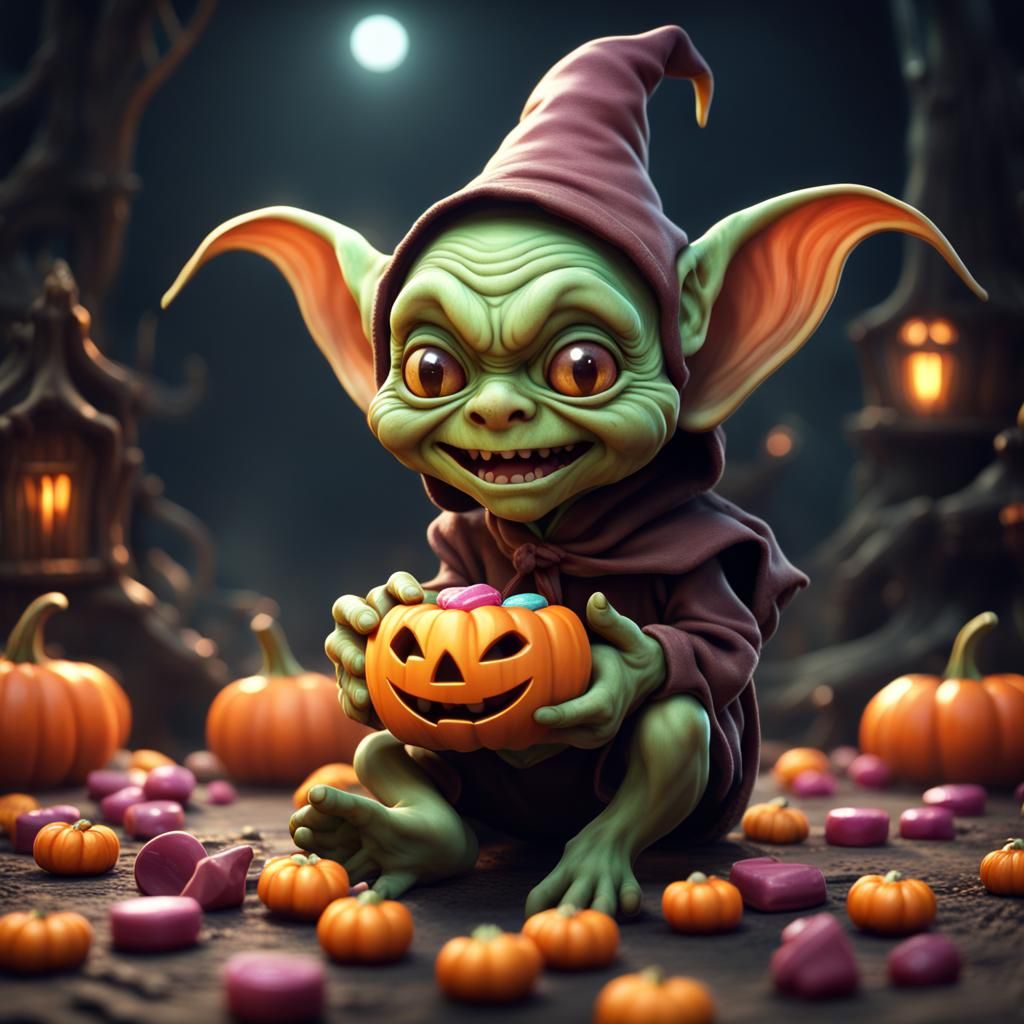 Happy Goblin Enjoys Halloween Candy