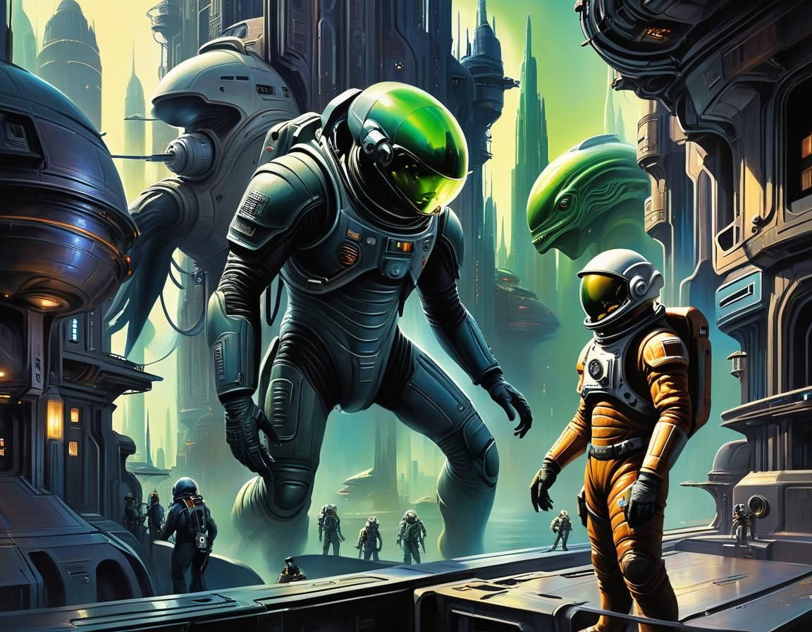 Astronaut Meets Alien in Sci-Fi Cityscape