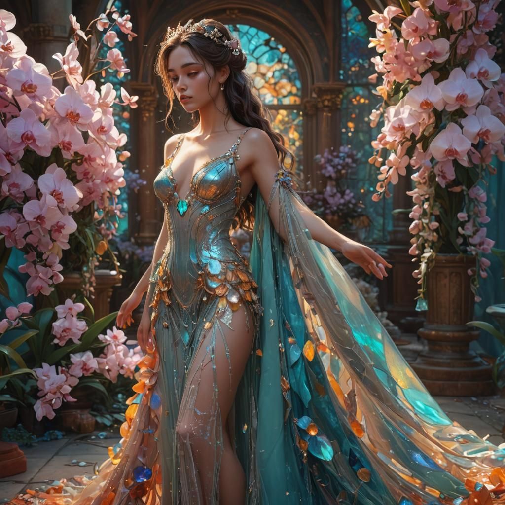 Opulent Opal and Orchid Gown, Hyperdetailed Art