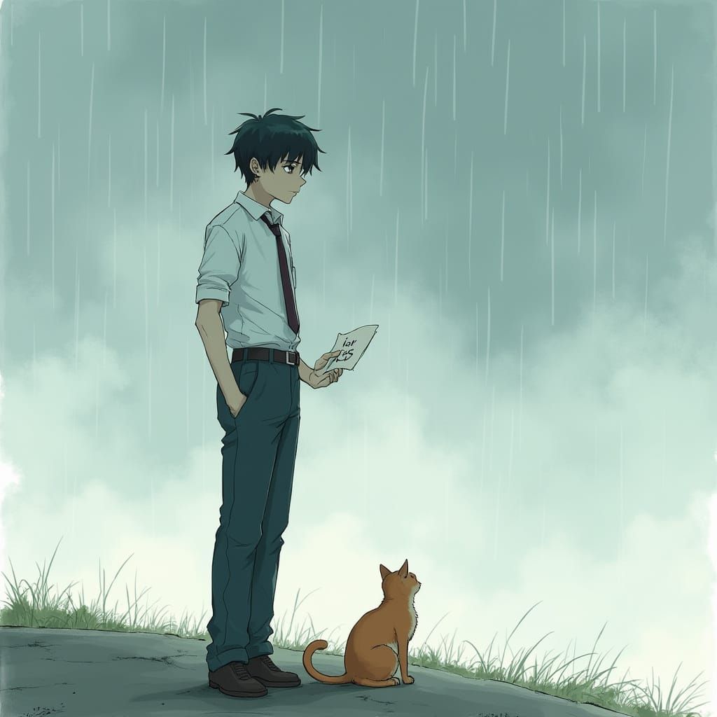 Sorrowful Man Gazing at Sky in Anime Style