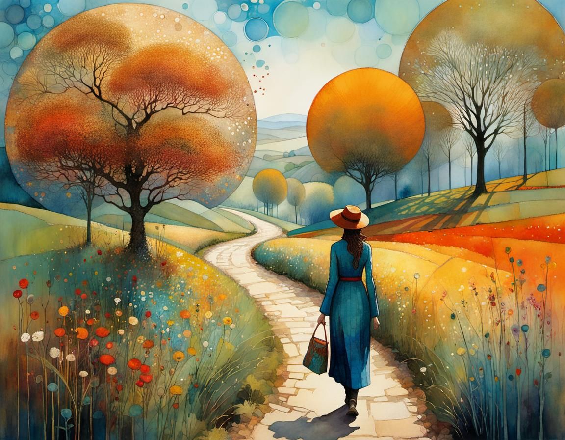 Woman Walks in Sunny Countryside, Digital Watercolor