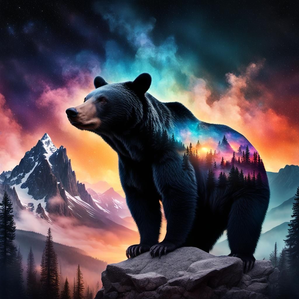 Bear Silhouette Double Exposure: Mountains and Sunset