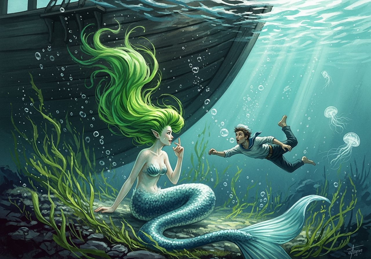 Impressionistic Watercolor of Mermaid and Sailor Underwater