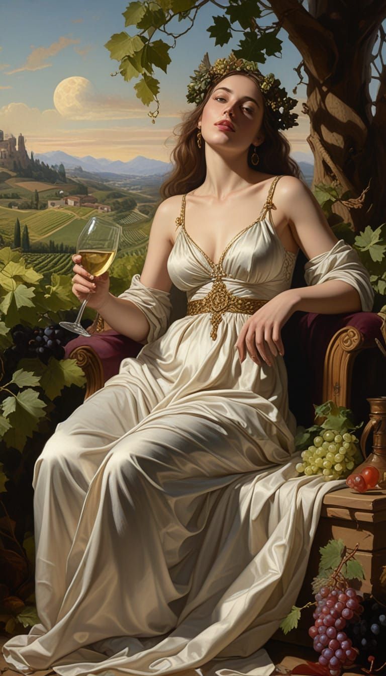 Majestic Wine Goddess in Ancient Greek Landscape