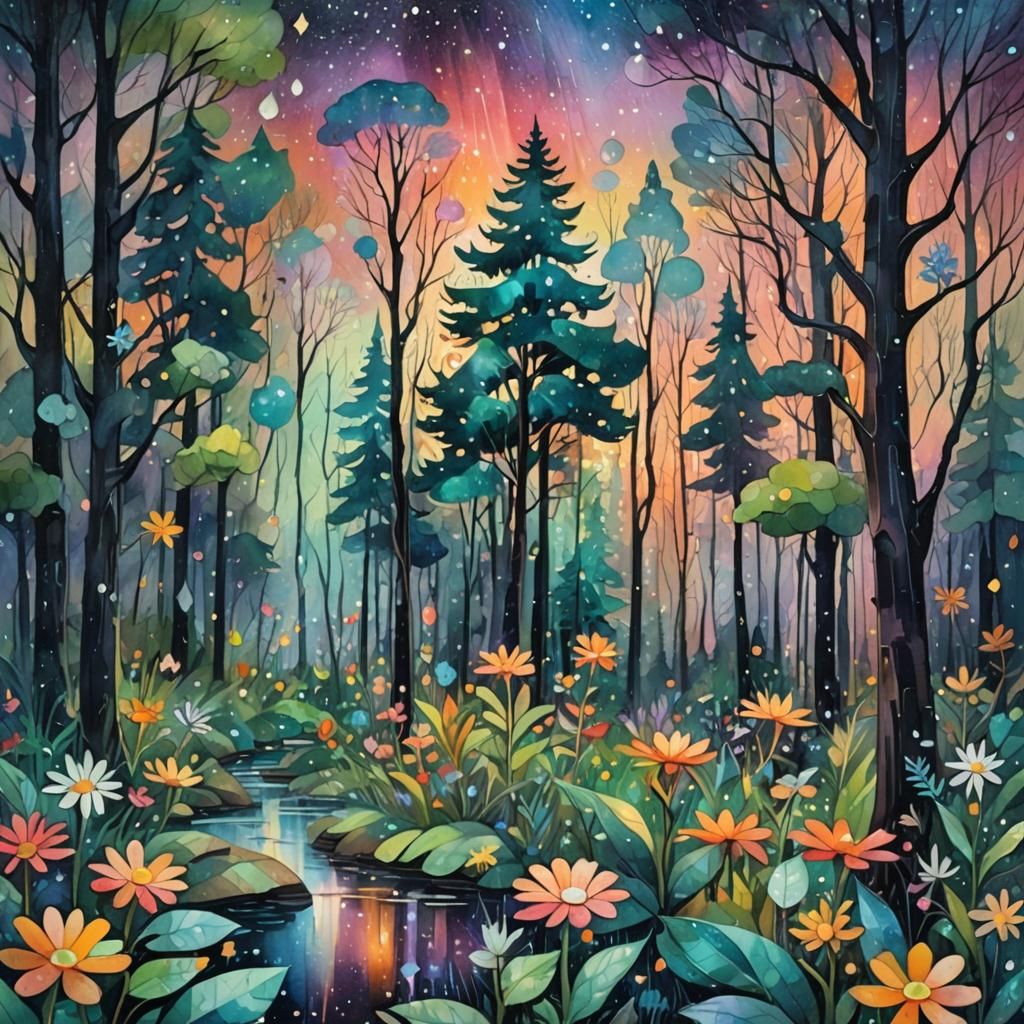 Surreal Cubist Forest Dreamscape in Watercolor