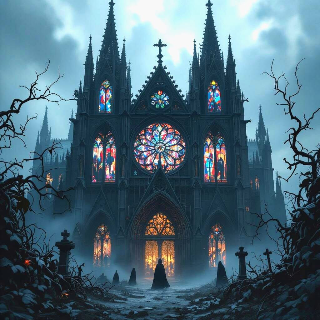 Gothic Cathedral of Black Roses in Surreal Style