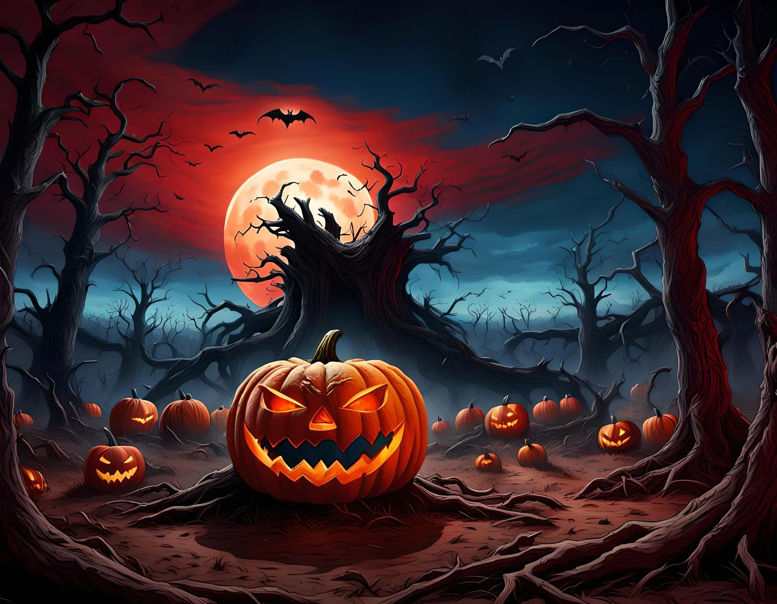 Halloween Night with Pumpkin, Bat, and Red Moon