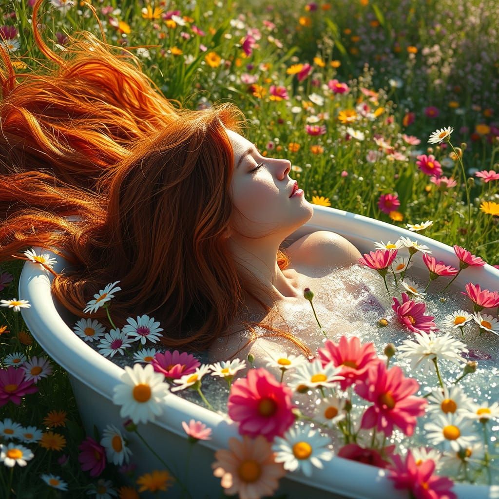 Vibrant Spring Goddess in a Floral Bath