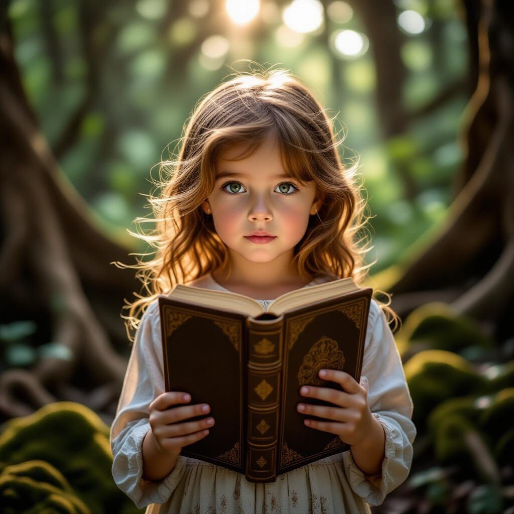 Girl with Windswept Hair Reading Ancient Book in Forest