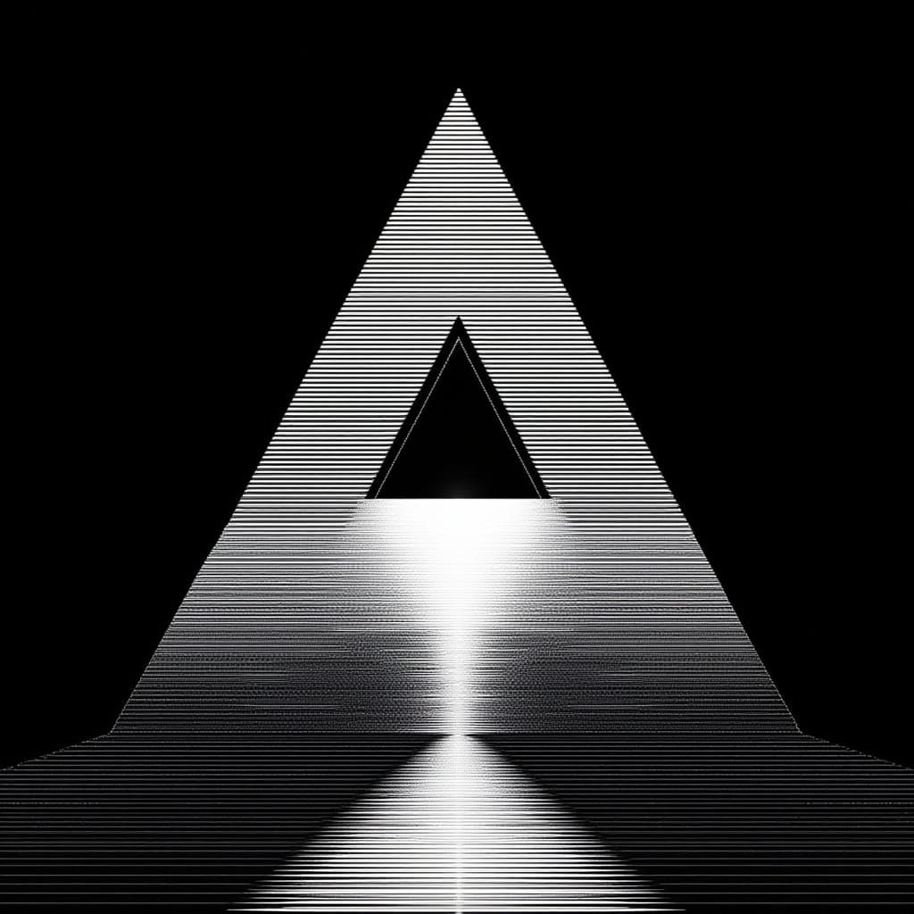 Glitched Black and White Pyramid in Distorted Perspective