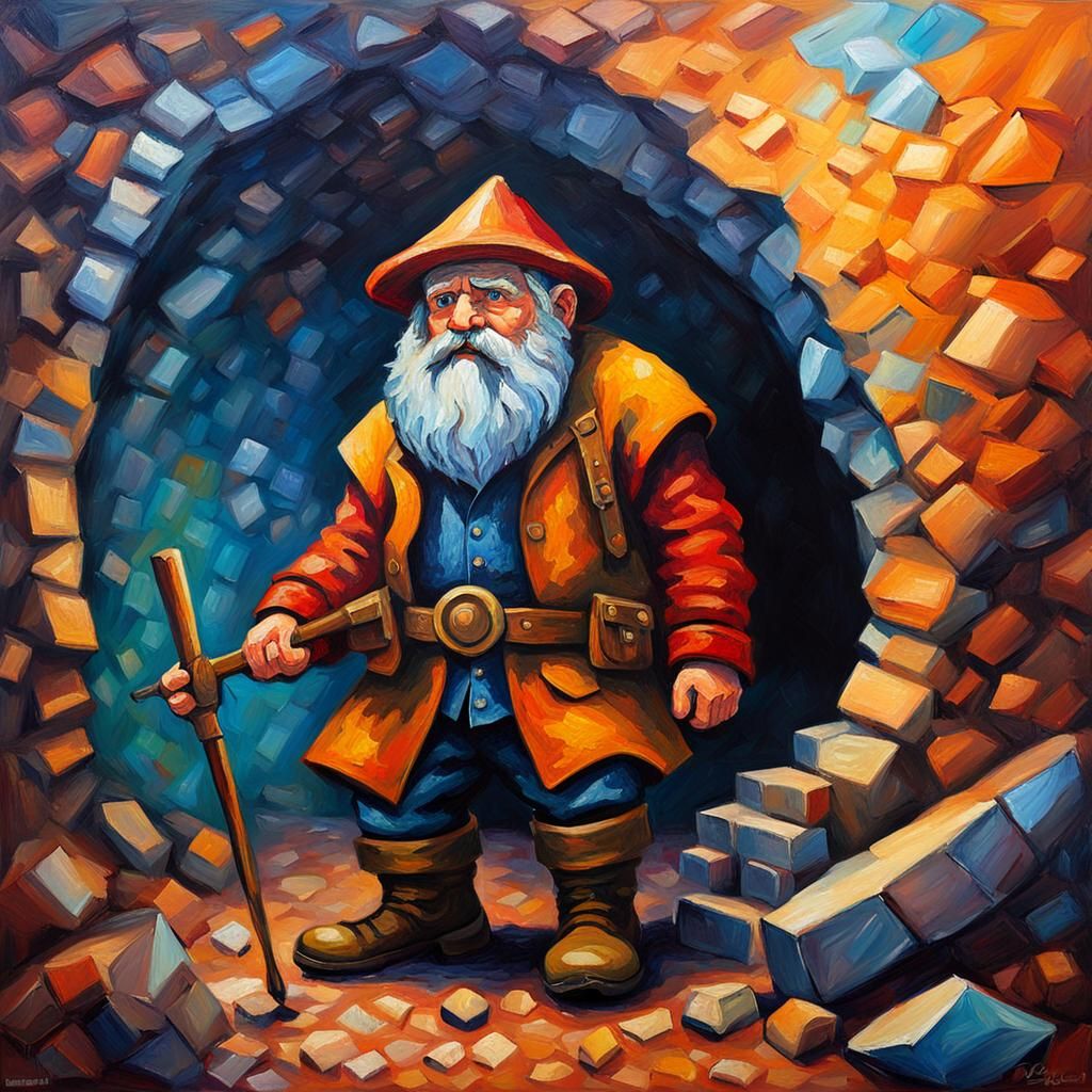 Dwarf in Diamond Mine: Neo-Impressionist Oil Painting