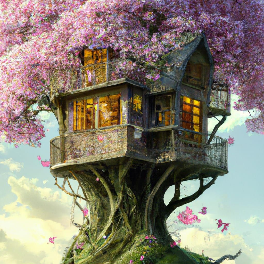 Magical Cherry Blossom Treehouse, Detailed Photorealistic Ar...