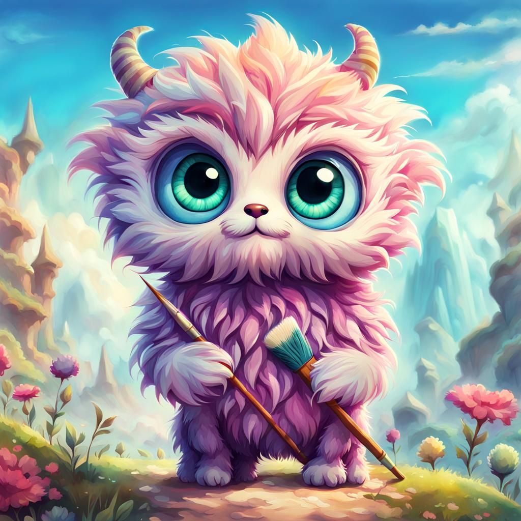 Adorable Chibi Monster Digital Watercolor Painting