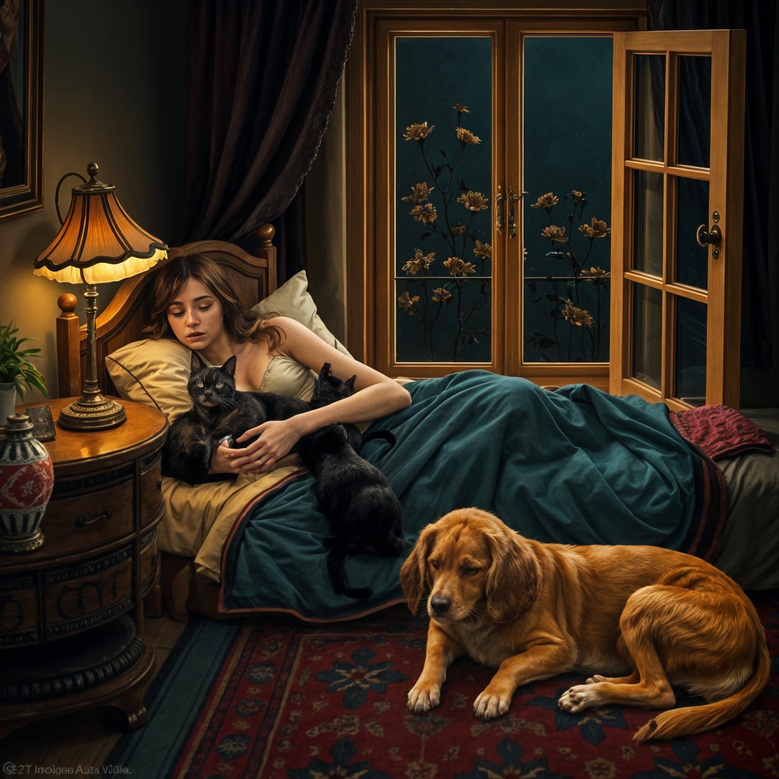 Cozy Peruvian Bedroom Sanctuary with Sleeping Woman and Furr...