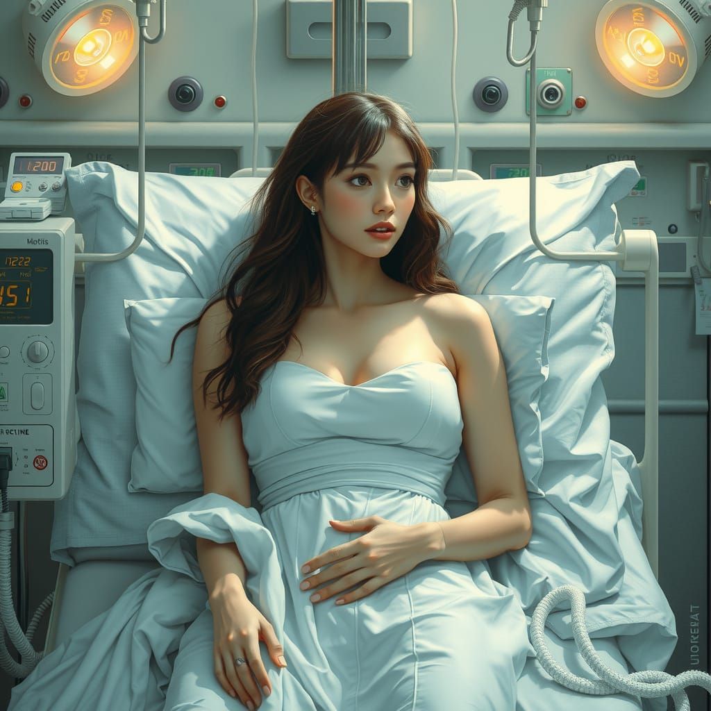 Contemplative Figure in Hospital Bed: Surreal Mystical Reali...