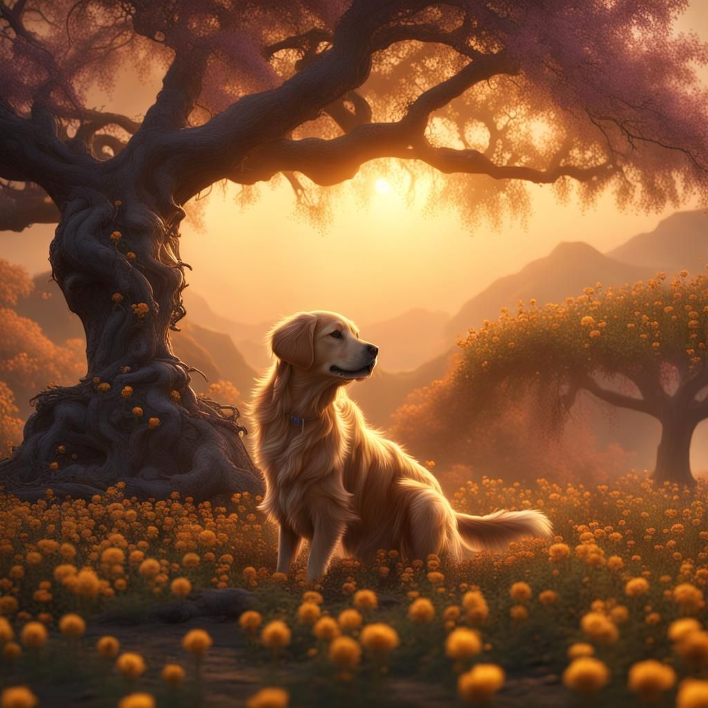 Golden Retrievers Under Acacia Tree: Detailed Matte Painting