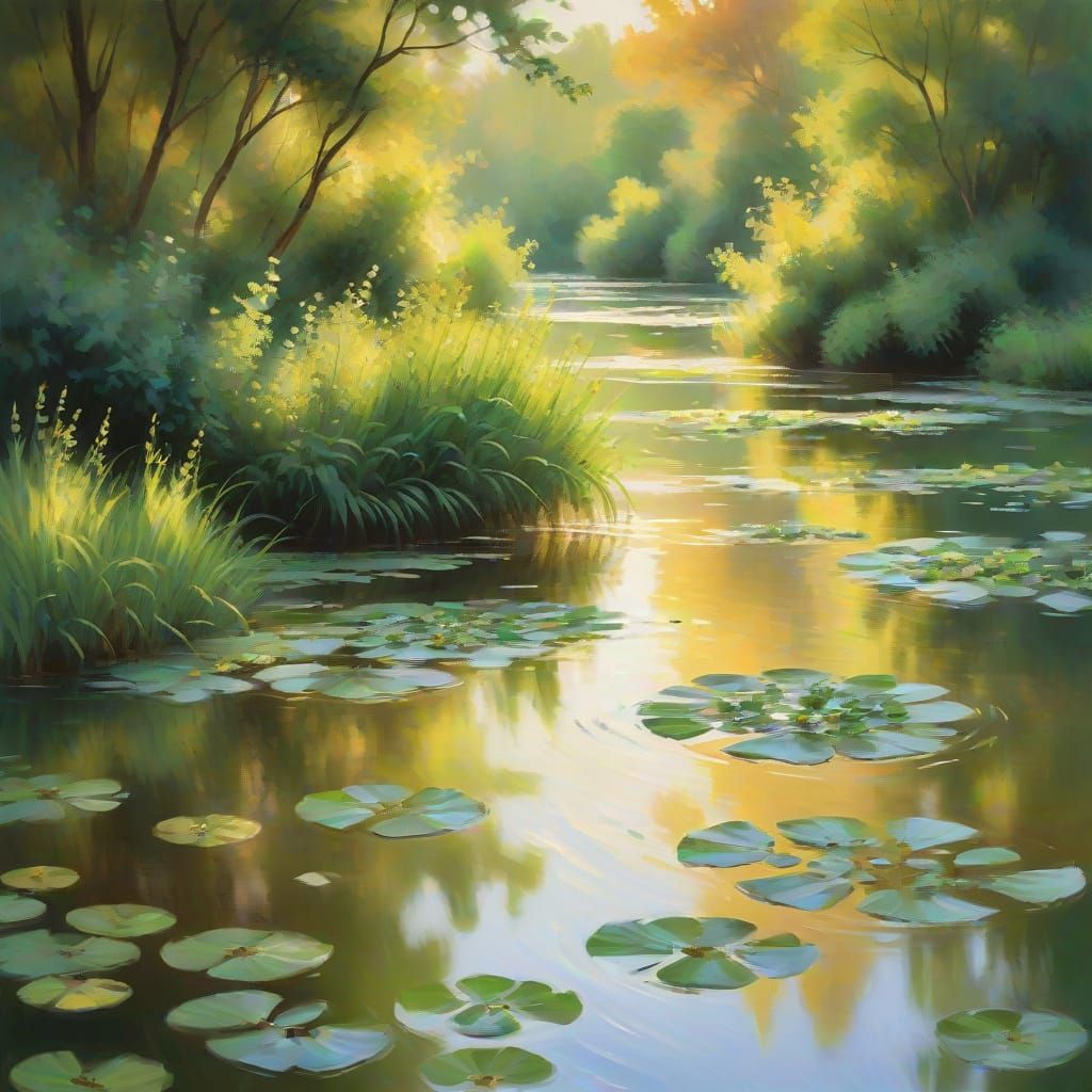 Impressionistic Water Flows Through Greenery in Monet Style