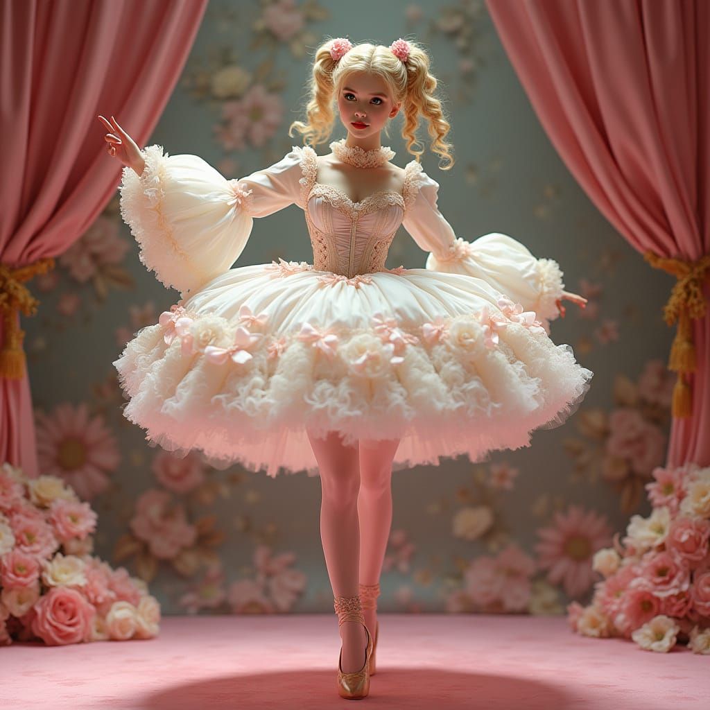 Ethereal Victorian Ballerina in Whimsical Pink Attire