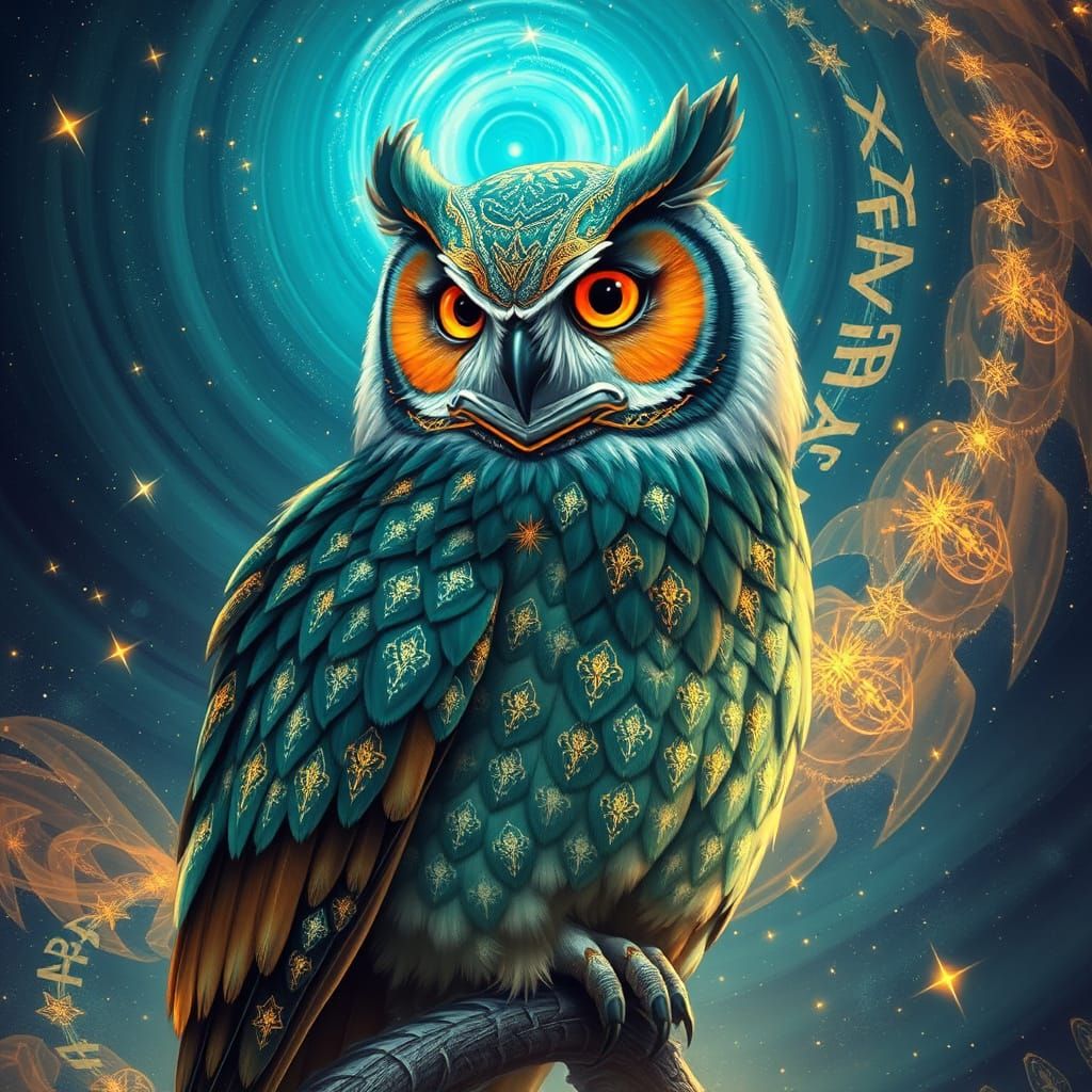 Majestic Galactic Owl with Teal and Gold Feathers