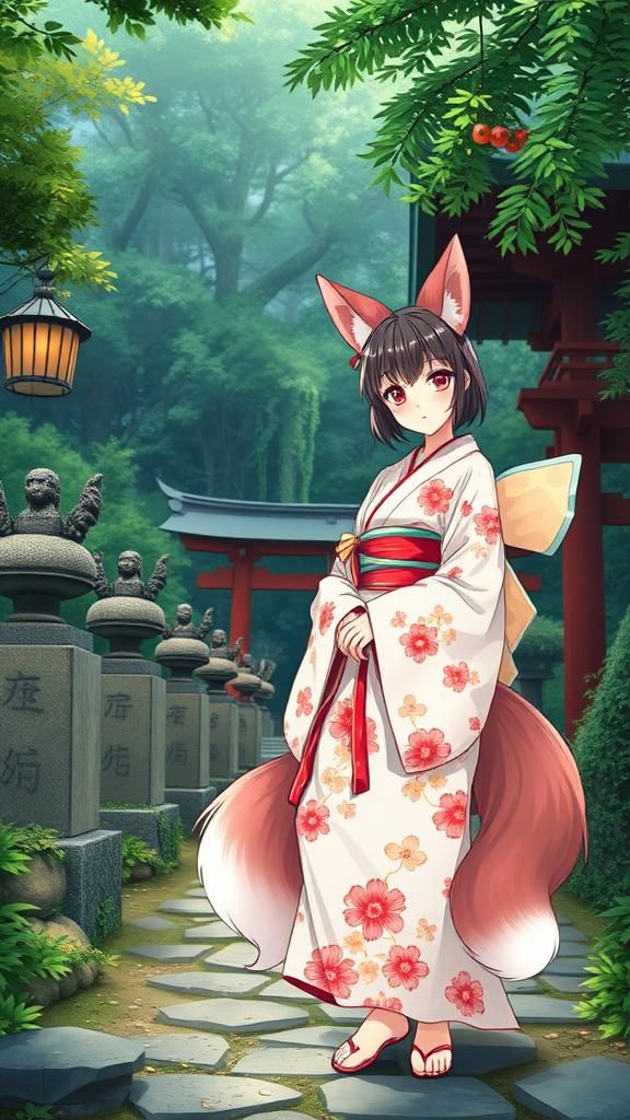 Anime Kitsune Woman in Shinto Shrine