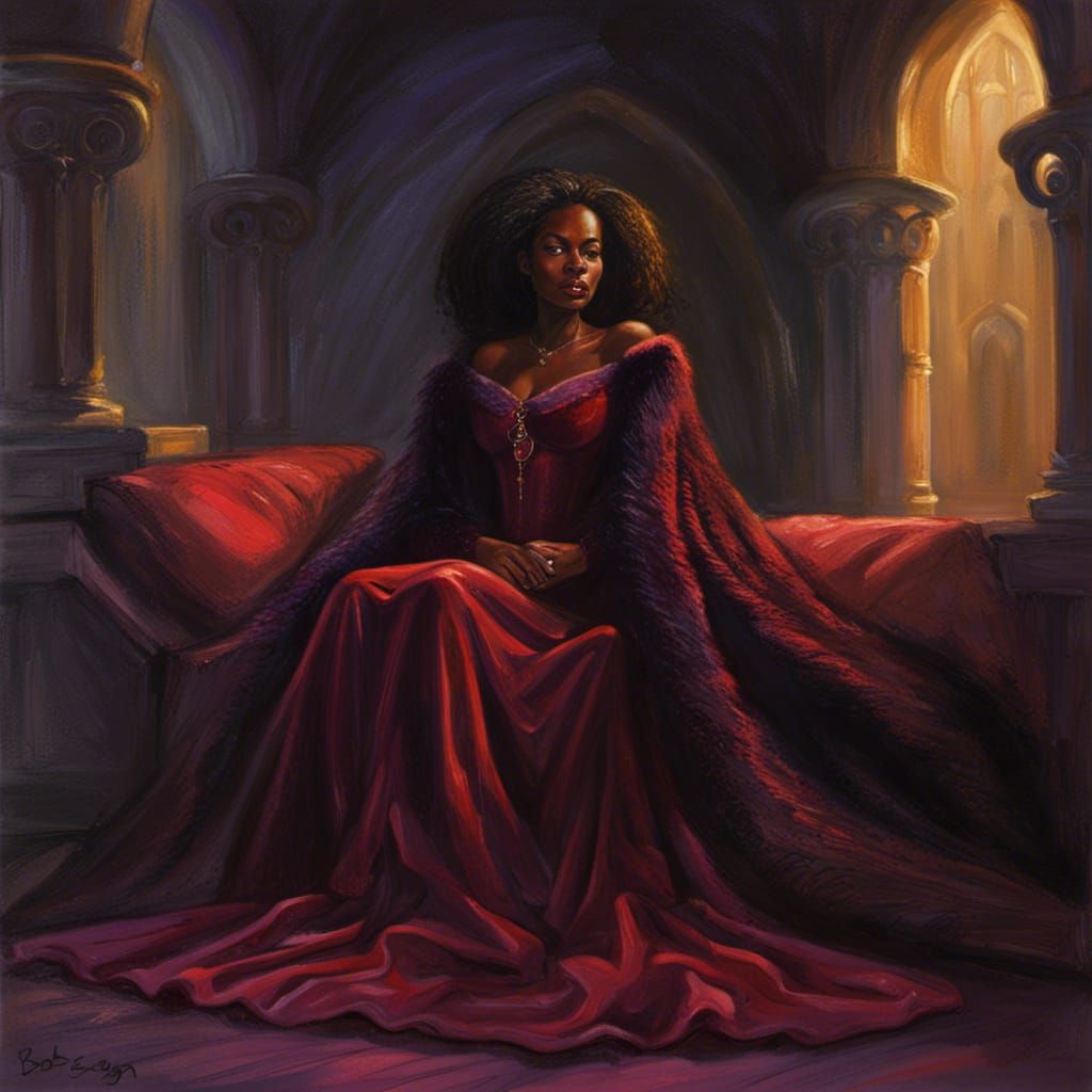 Black Woman in Burgundy Dress on Gothic Bed