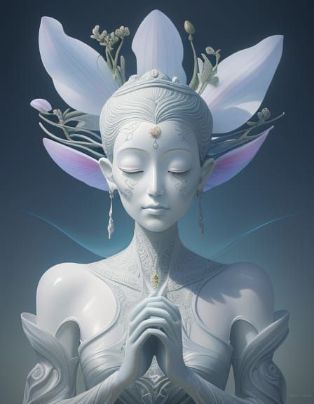 Surreal Giant Orchid Statue with Ethereal Human Face