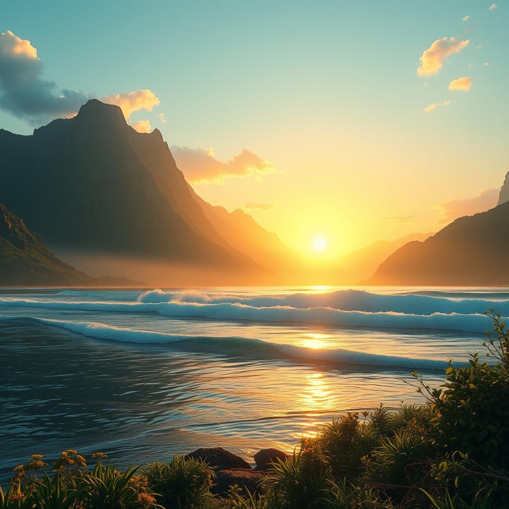 Majestic Mountains or Serene Beach at Sunset, in a Mystical ...