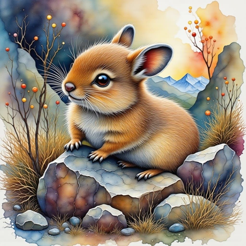Adorable Pika Peeking From Alpine Rocks in Ink and Watercolo...