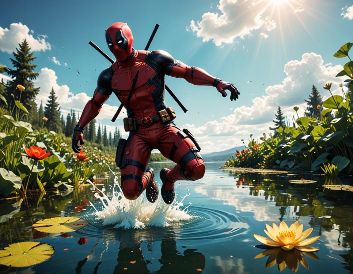 Deadpool Soars Above a Serene Lake in Vibrant Digital Art