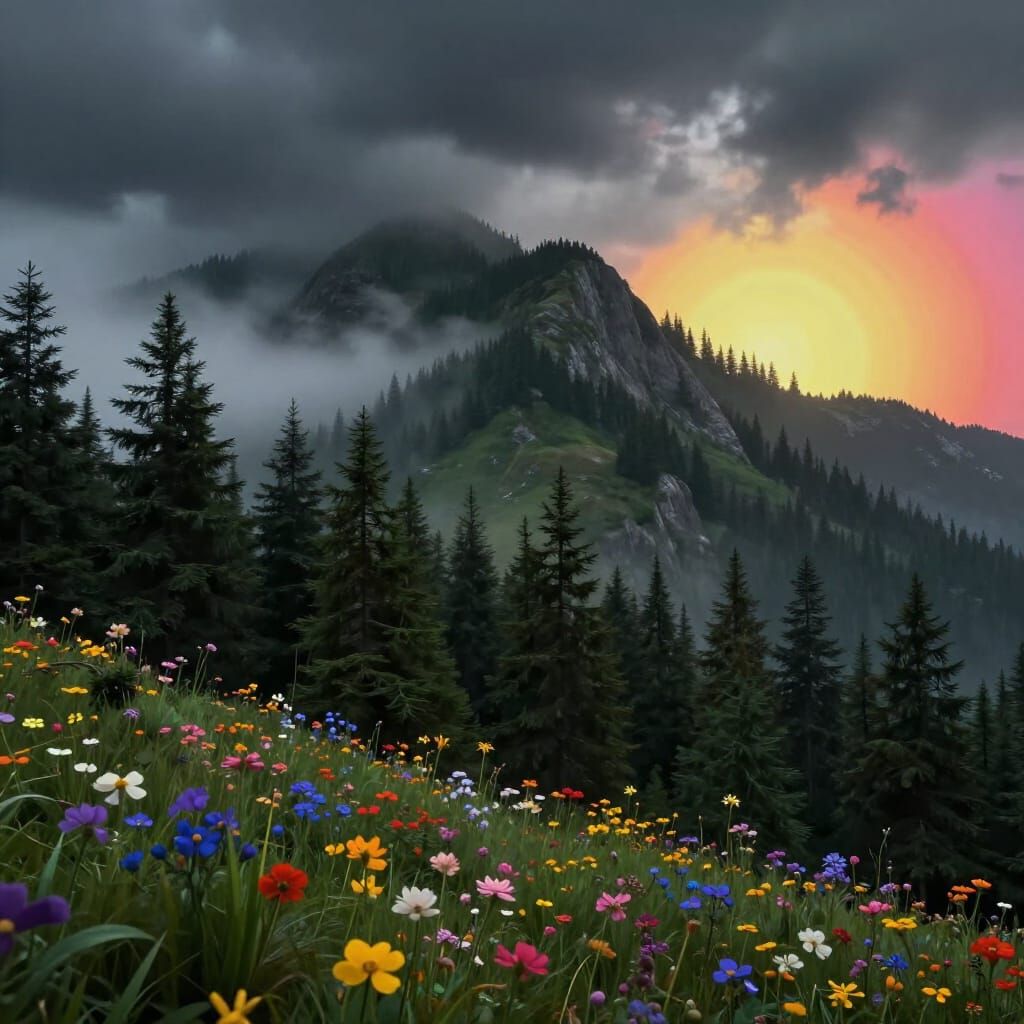 Gloomy Mountain Landscape with Vibrant Wildflowers