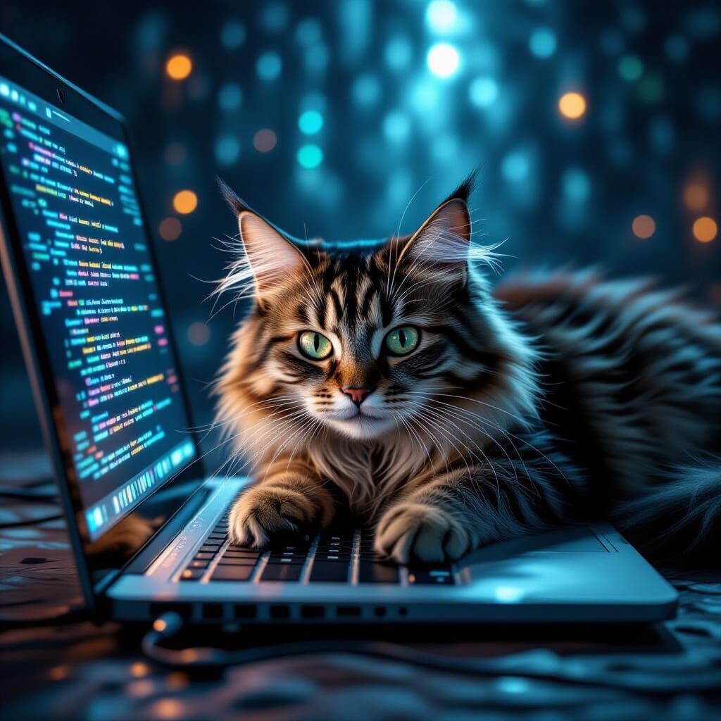 Crazed Cat Typing on Laptop, Cosmic Horror