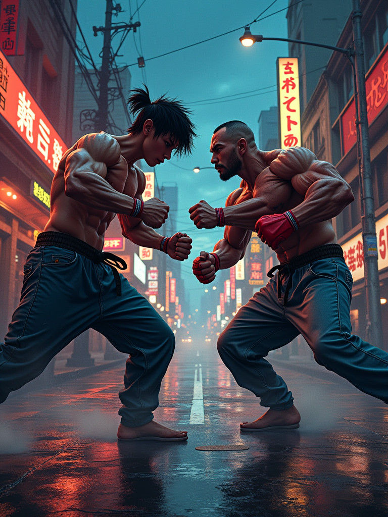 Dramatic Showdown in Anime Style Cityscape