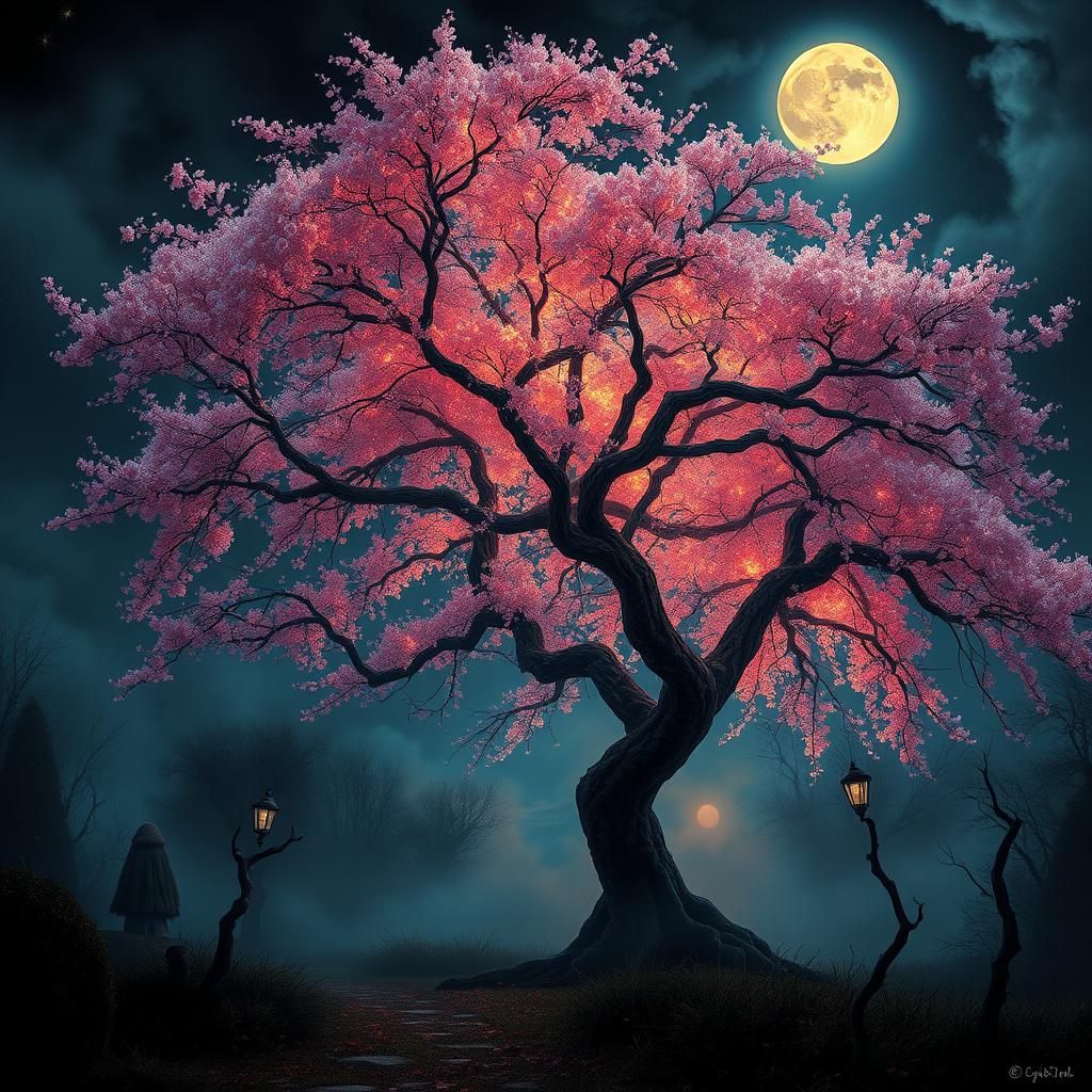 Iridescent Cherry Blossom Tree in a Dark Park