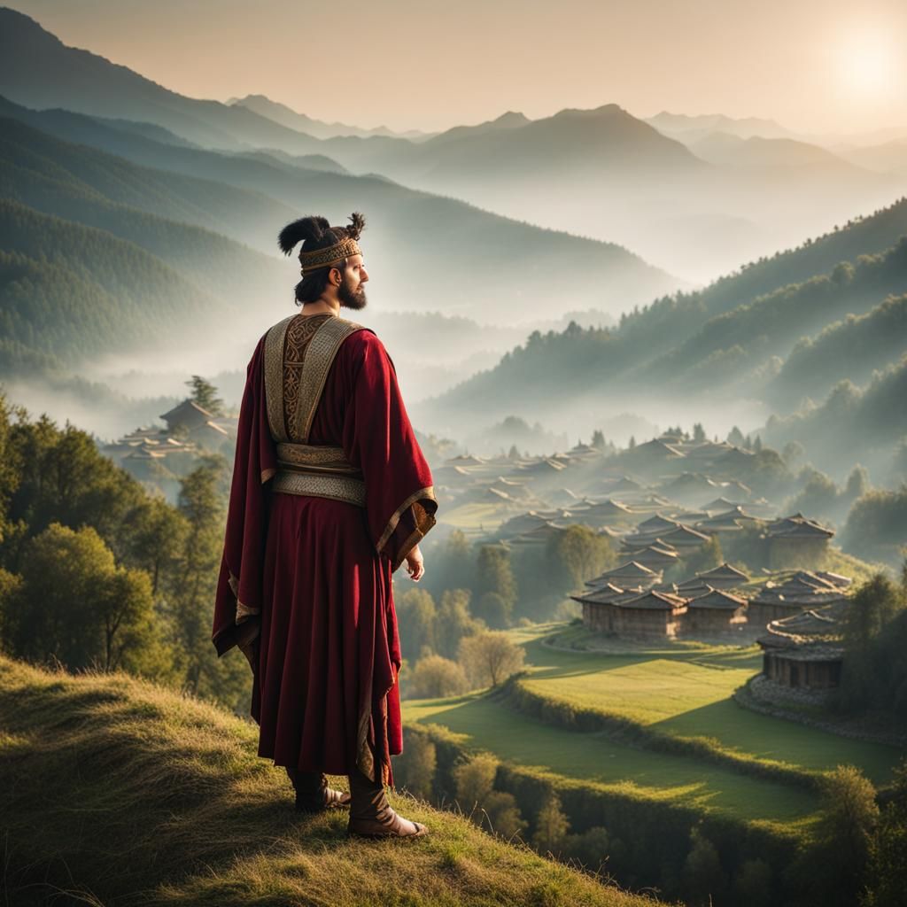 Roman Man in Oriental Clothing with Misty Mountains