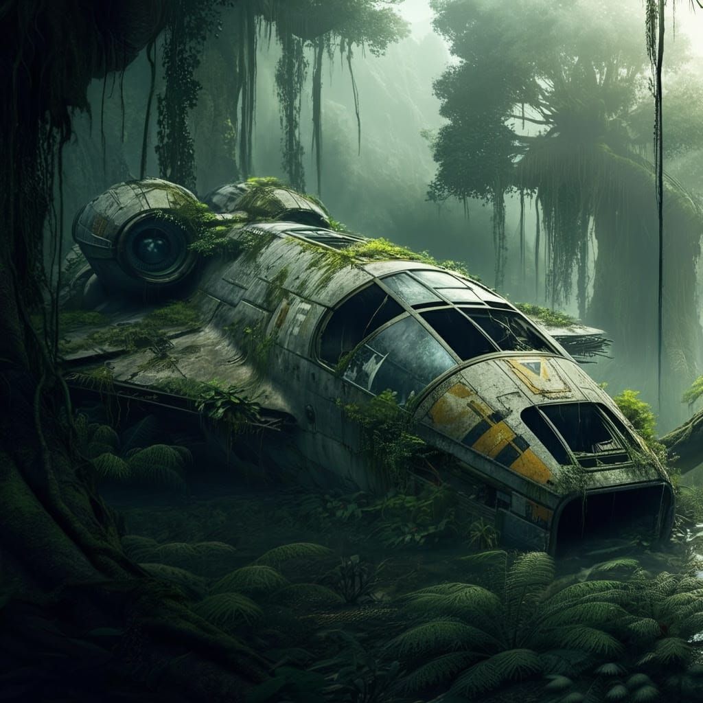 Abandoned Spaceship in Jungle Planet Landscape
