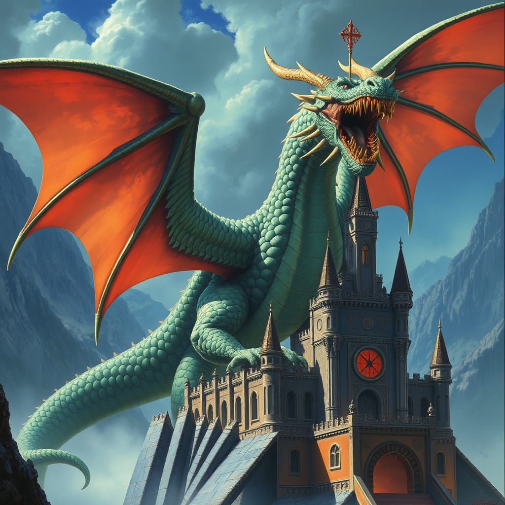 Dragon Guarding Castle in Detailed Fantasy Style