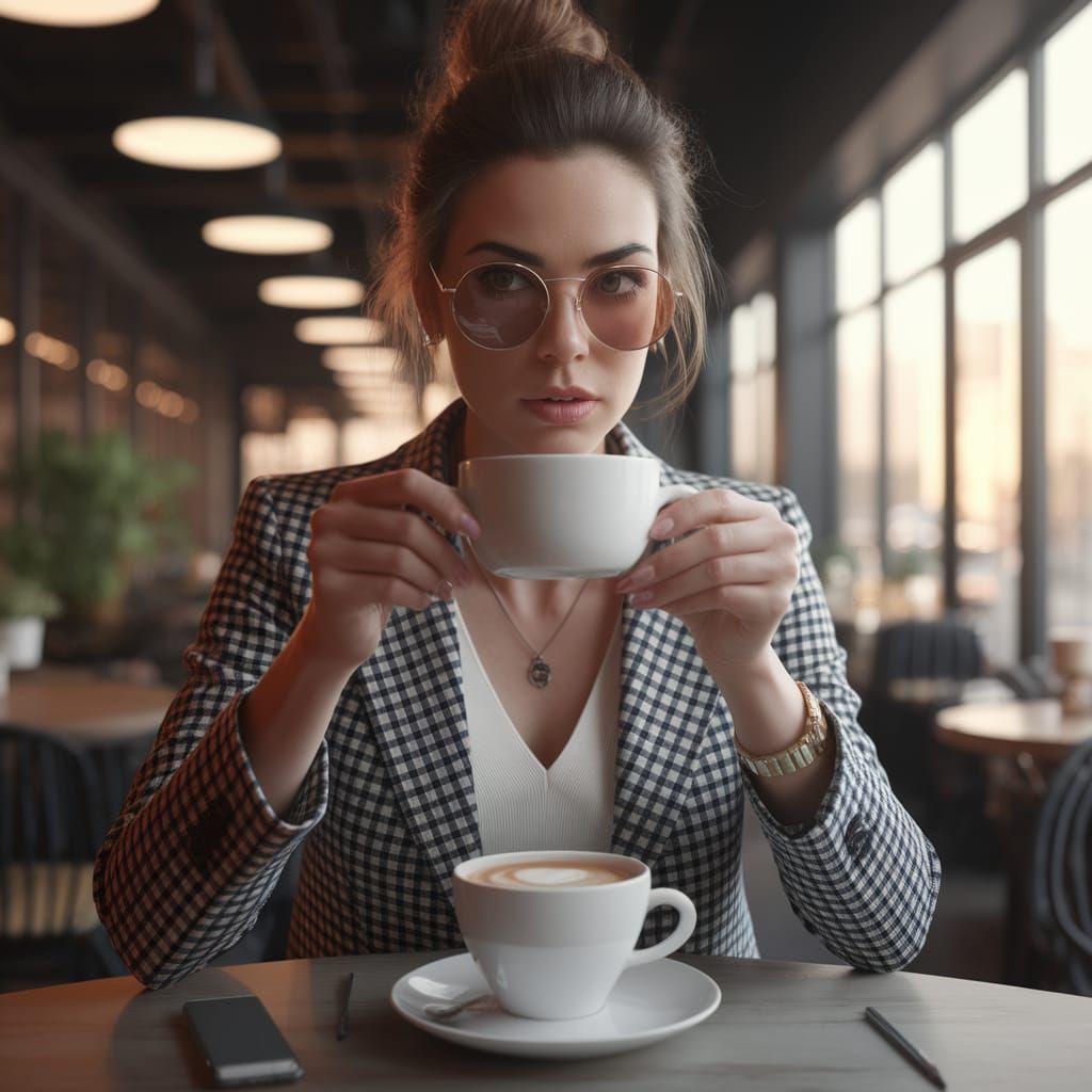 Trendy Fashionista Sips Cappuccino in Chic Cafe