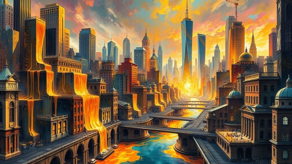 Golden Cityscape with Molten Rivers in Painterly Style