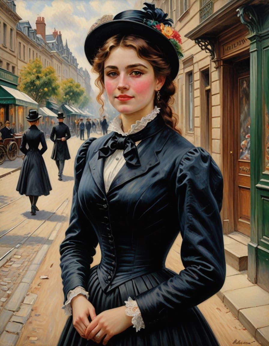 Victorian Beauty on Cobblestone Street, in Impressionist Sty...