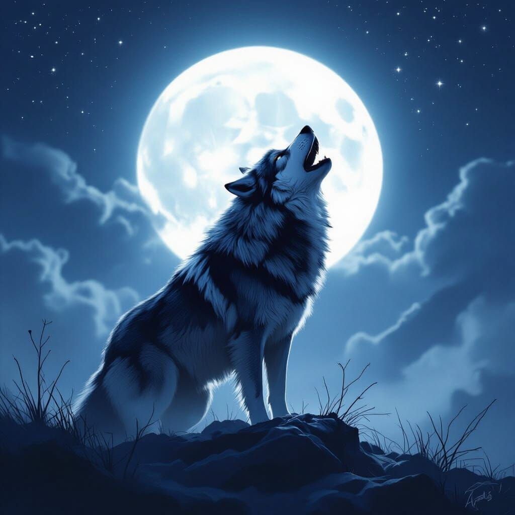 Majestic Alpha Wolf Howling at Luminous Moon in Starry Sky