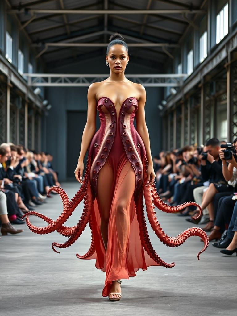 Rihanna Struts Down Octopus-Inspired Runway in Industrial Se...