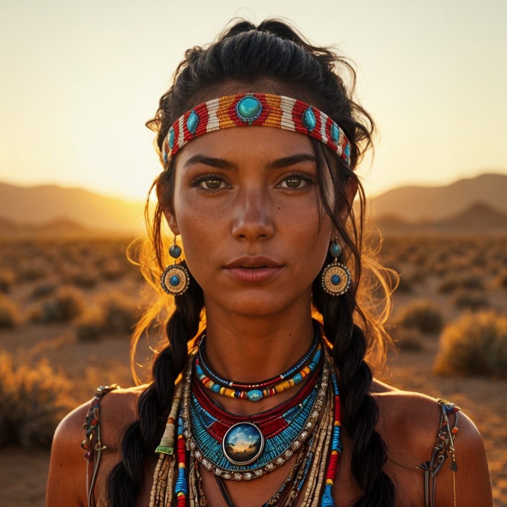 Hyper-Realistic Native American Woman in Desert Sunset