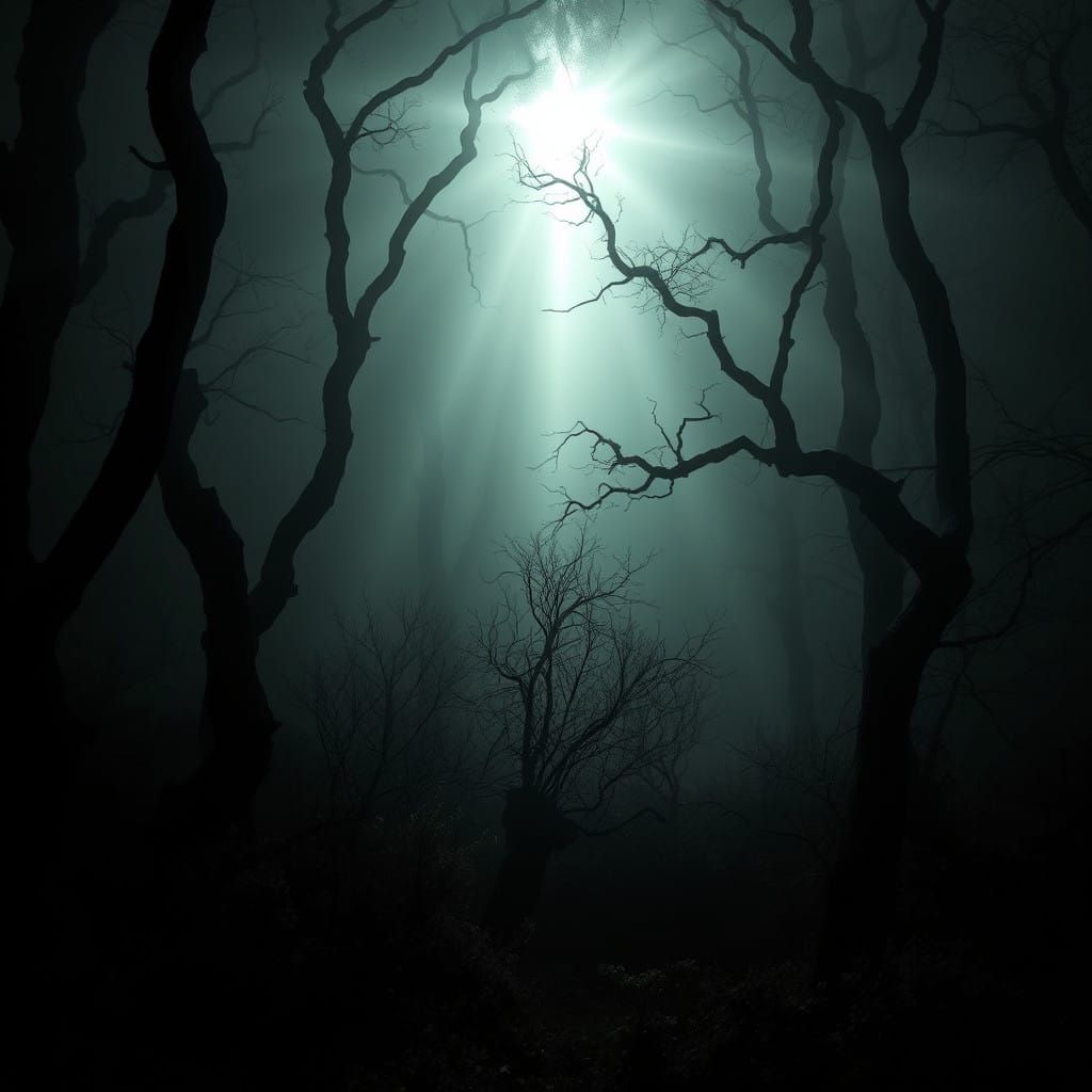 Mysterious Dark Forest with Eerie Spark of Sunlight