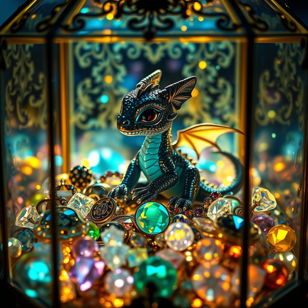 Surreal Glass Jewelry Box Scene with Tiny Dragon and Glowing...