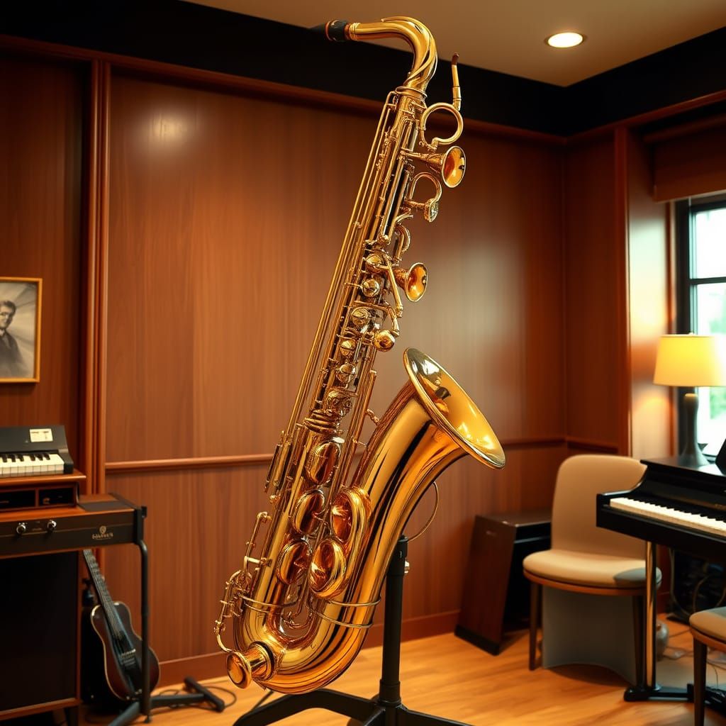 Golden Futuristic Saxophone Sculpture in Music Room