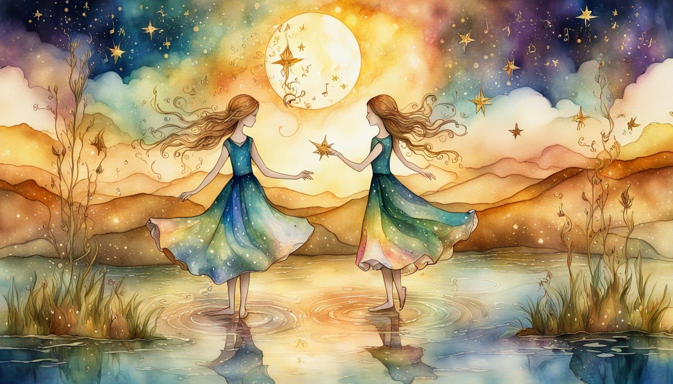 Watercolor Twins by Pond with Golden Sun