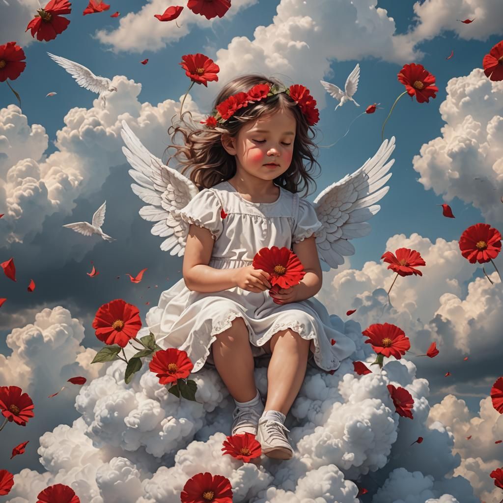 Girl on Clouds with Angel Wings and Flower