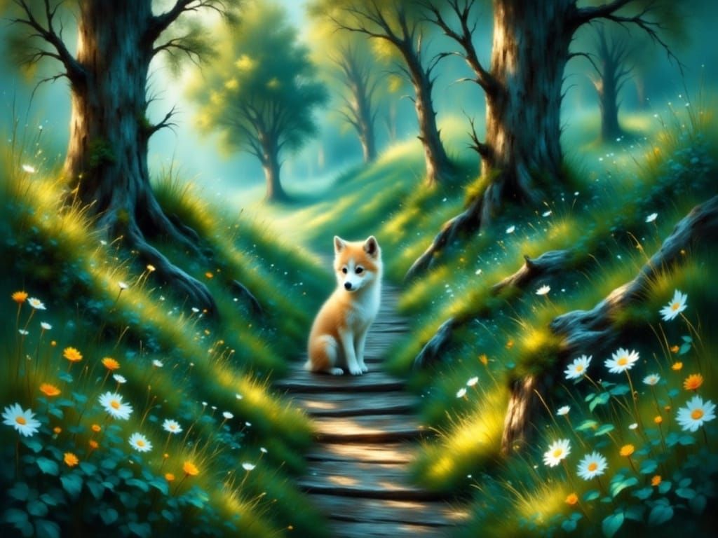 Whimsical Wolf Cub Amidst a Lush Forest Wonderland